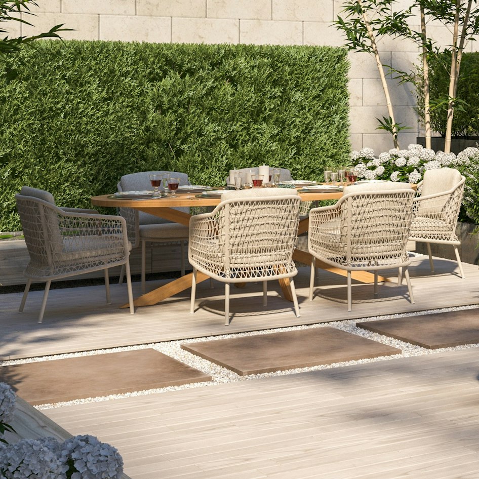 Pucini dining with Prado ellips teak and Puccini living set outdoor 01